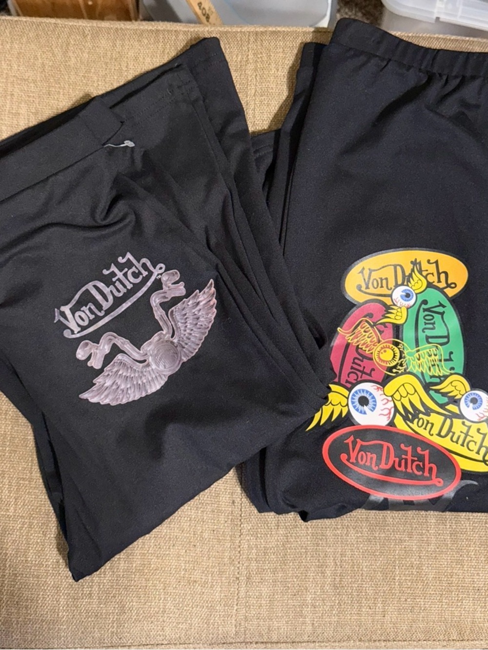 Set 2 Von Dutch Black Leggings with Gray Side 'HIT THE ROAD' Graphic
